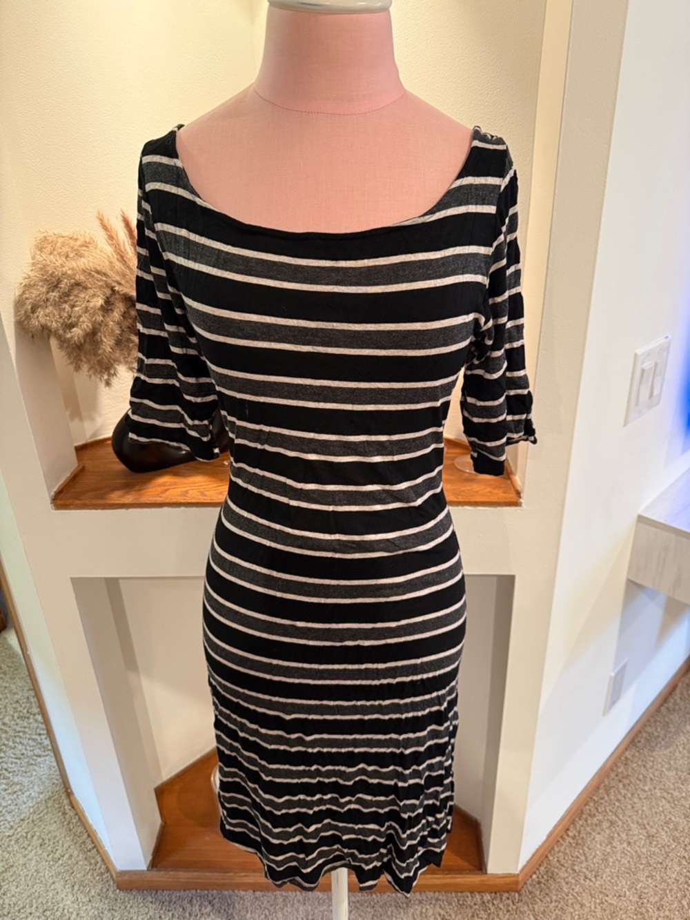 Black and White Striped Midi Dress with Scoop Neck